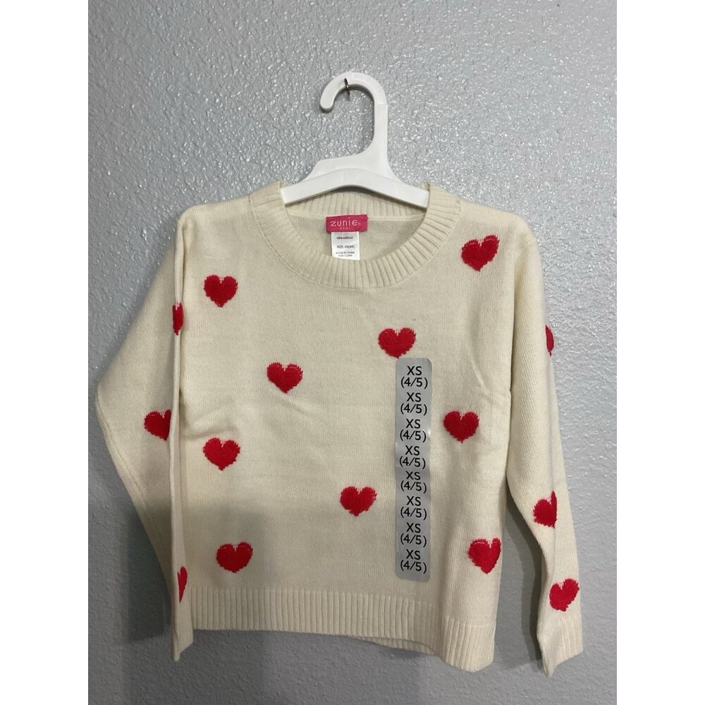 Zunie Girl Heart Sweater Cream W/Red Hearts  Girls Size 4/5 NWT